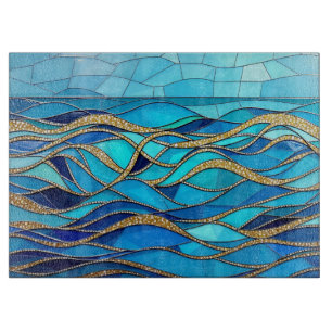 Tabla De Cortar Arte de mosaico azul y dorado del mar de olas
