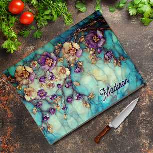 Tabla De Cortar Arte de mosaico floral azul púrpura de vidrio empl