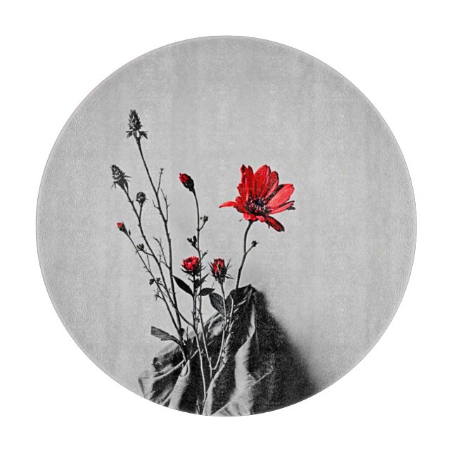 Tabla De Cortar Arte gris de flor roja (Anverso)
