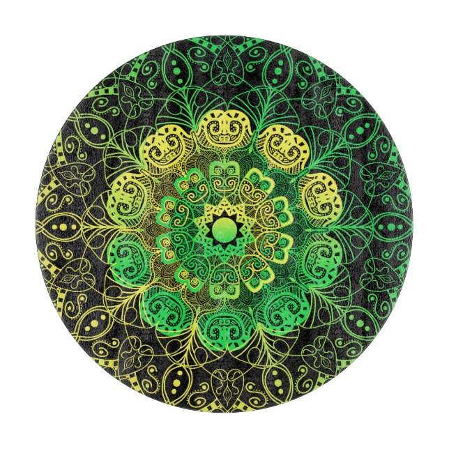 Tabla De Cortar Arte Mandala: Detalle amarillo verde. (Anverso)