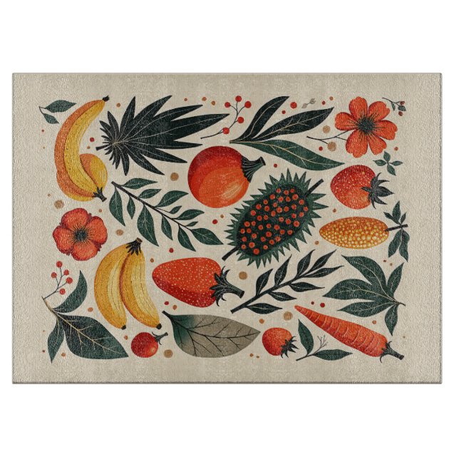 Tabla De Cortar Arte Popular Botánico Rústico Fresa Plátano (Anverso)