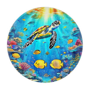 Tabla De Cortar Arte vibrante de arrecife de tortuga marina