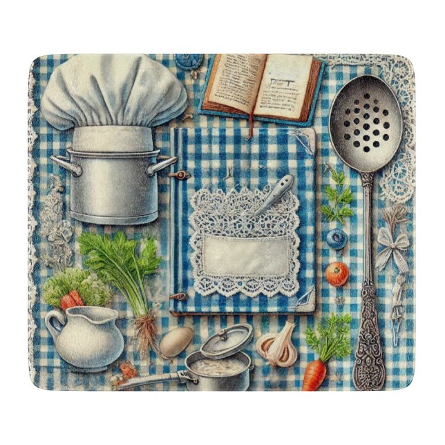 Tabla De Cortar Artículos de cocina de época en manteles azules (Anverso)