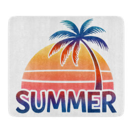 Tabla De Cortar Atardecer retro de verano con palmera