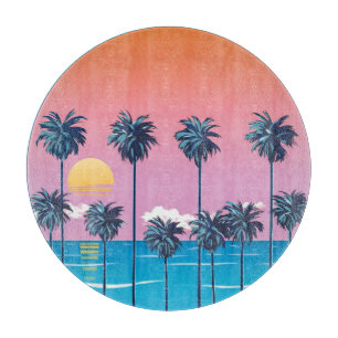 Tabla De Cortar Atardecer tropical: Ilustracion de playa vintage