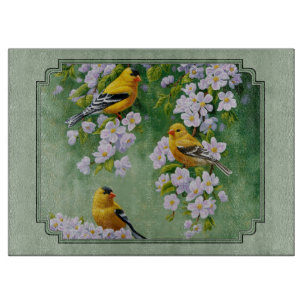 Tabla De Cortar Aves de Goldfinch y flores verdes