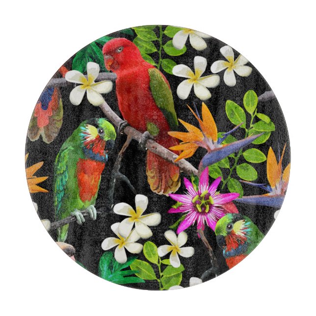 Tabla De Cortar Aves Exóticas Patrón de Flores Hermosas (Anverso)