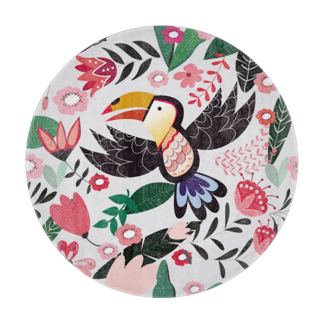 Tabla De Cortar Aves tropicales, patrón de doodle floral. (Anverso)