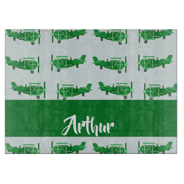 Tabla De Cortar Aviones voladores verdes sobre azul (Anverso)