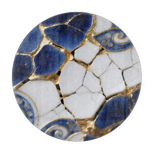 Tabla De Cortar Azul Blanco Oro Kintsugi Porcelana Mosaico