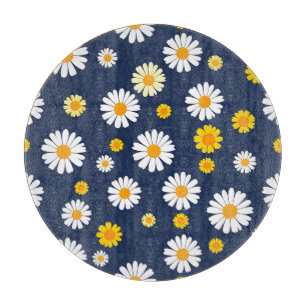 Tabla De Cortar Azul Marino Amarillo Floral Simple Patrón Retro de