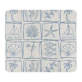 Tabla De Cortar Azulejo Falso de Lino Mediterráneo Costero Cobalto
