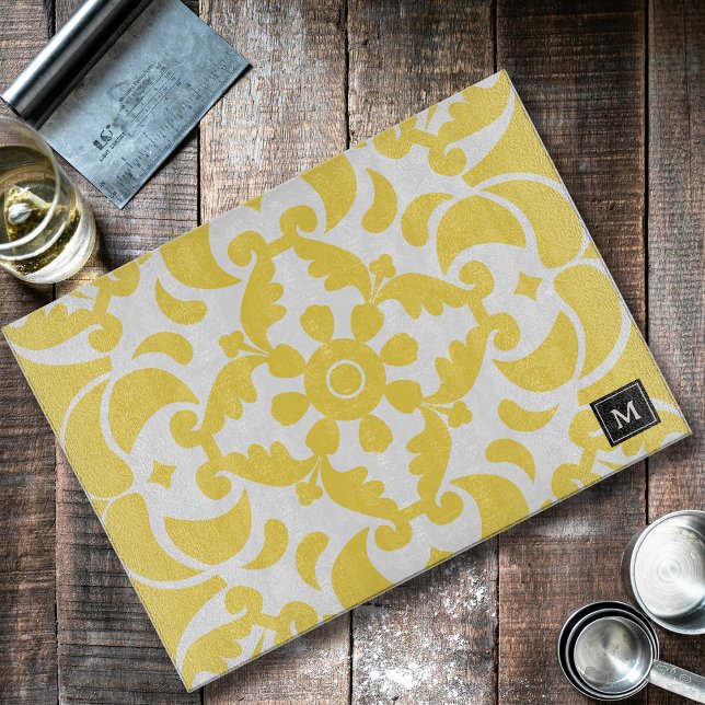 Tabla De Cortar Azulejos amarillos Monograma portugués mediterráne (Yellow Azulejos Portuguese Mediterranean Monogram Cutting Board)