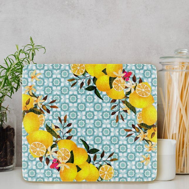 Tabla De Cortar Azulejos Mediterráneos Limón Azul (Lemon Mediterranean Tiles Blue Cutting Board)