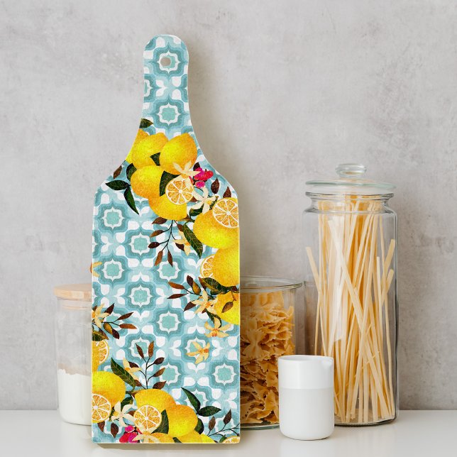 Tabla De Cortar Azulejos Mediterráneos Limón Azul (Lemon Mediterranean Tiles Blue Cutting Board)