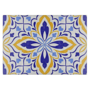 Tabla De Cortar Azure Elegance  Blue and Gold Floral Mosaic
