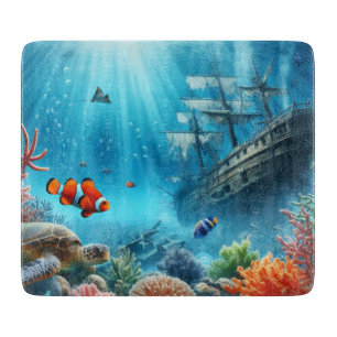 Tabla De Cortar Bajo el mar, tortuga, coral, barco, pez payaso