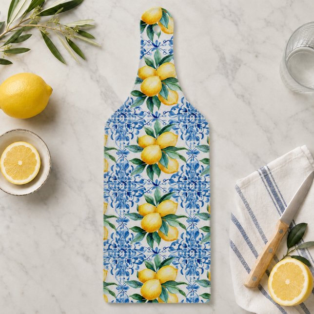 Tabla de cortar baldosas azul limón acuarela (elegant mediterranean lemon blue tile cutting board)