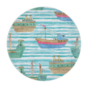 Tabla De Cortar Bandas De Barco: Patrón De Pintura De Acuarela.