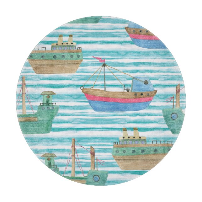 Tabla De Cortar Bandas De Barco: Patrón De Pintura De Acuarela. (Anverso)