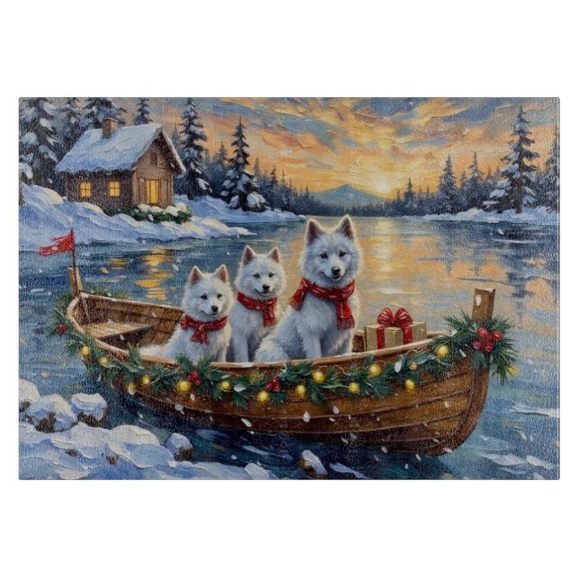 Tabla De Cortar Barco de Navidad de Samoyedo Blanco Fiesta (Anverso)