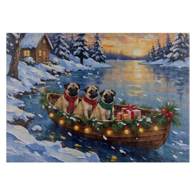 Tabla De Cortar Barco de Navidad Pug Fiesta (Anverso)