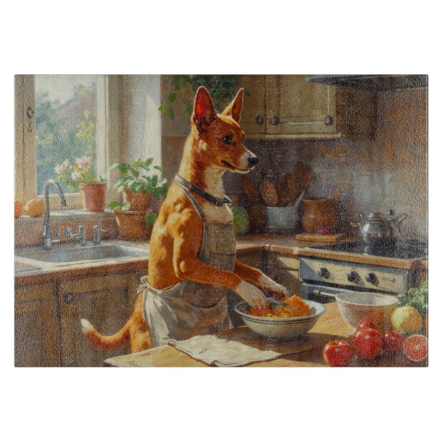Tabla De Cortar Basenji Cocinando en la Cocina (Anverso)