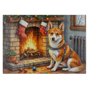 Tabla De Cortar Basenji Sentado junto a Chimenea con Luces de Navi