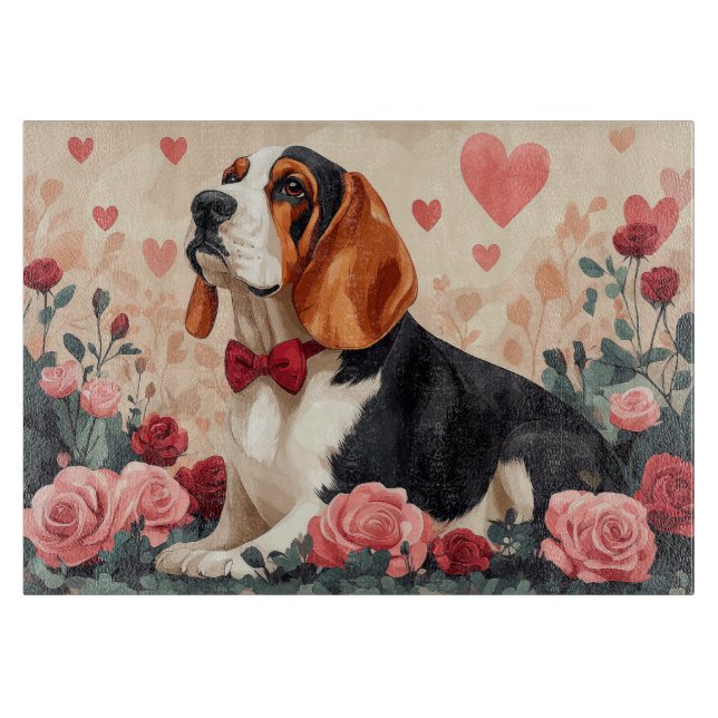 Tabla De Cortar Basset Hound con Rosas - Día de San Valentín  (Anverso)