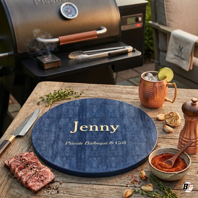 Tabla De Cortar BBQ & Grill Personalizado Azul Oscuro Redondo (#mother'sday)