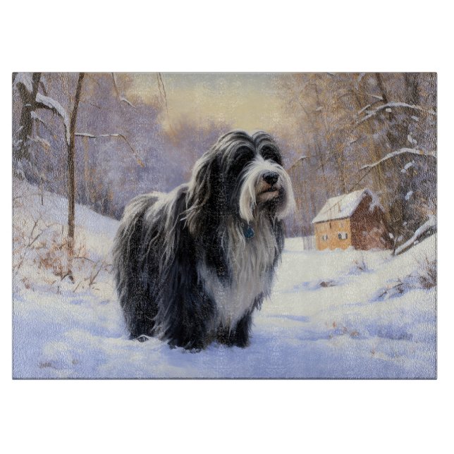 Tabla De Cortar Bearded Collie Deja que nieve Navidad  (Anverso)