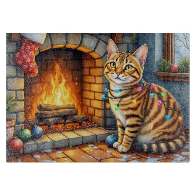 Tabla De Cortar Bengal Cat Fireplace with Christmas Lights (Anverso)