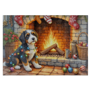 Tabla De Cortar Bernedoodle Chimenea con Luces de Navidad