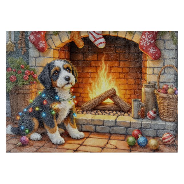 Tabla De Cortar Bernedoodle Chimenea con Luces de Navidad (Anverso)