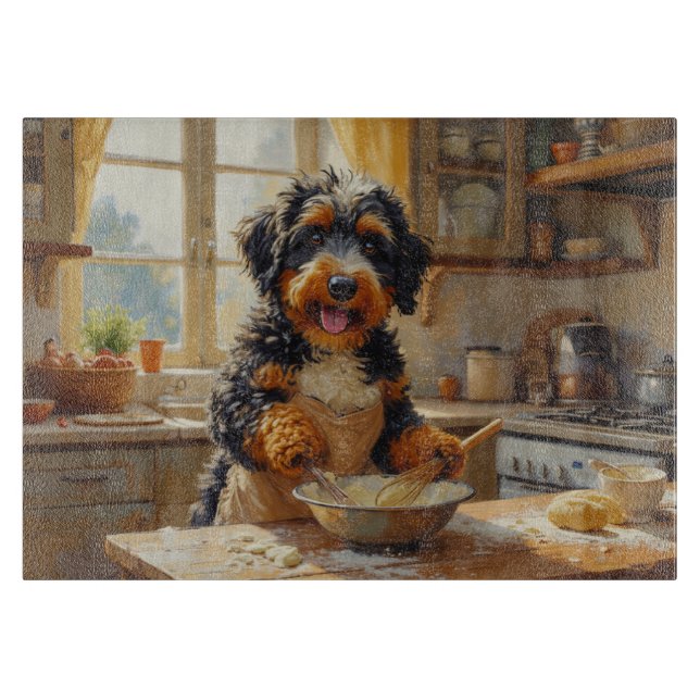 Tabla De Cortar Bernedoodle cocinando en la cocina (Anverso)