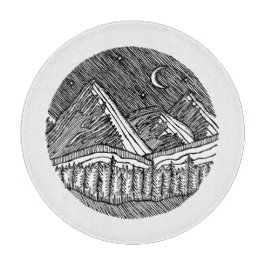 Tabla De Cortar Black and White Ink-Drawn Round Alp Landscape