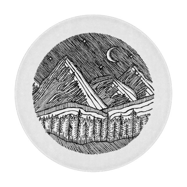 Tabla De Cortar Black and White Ink-Drawn Round Alp Landscape (Anverso)