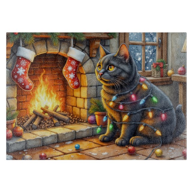 Tabla De Cortar Black Cat Sitting Fireplace with Christmas Lights (Anverso)