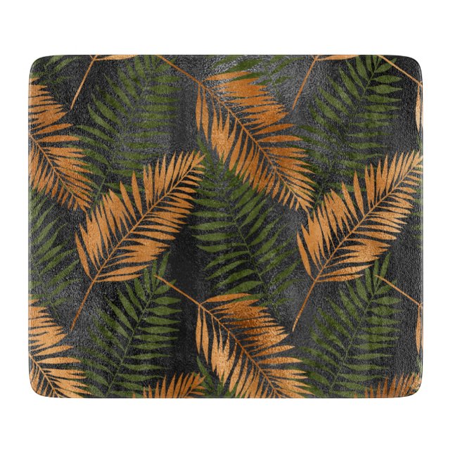Tabla De Cortar Black Copper Brown Palm Tree Leaf Glam Tropical (Anverso)