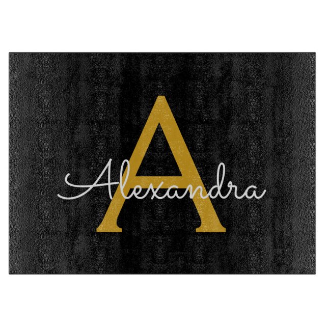 Tabla De Cortar Black Gold Modern Script Girly Monograma Nombre (Anverso)