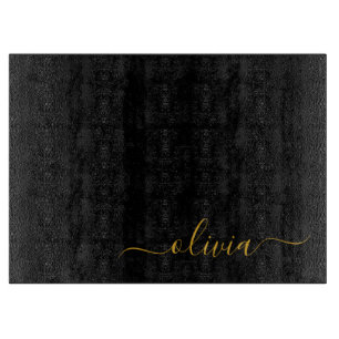 Tabla De Cortar Black Gold Modern Script Girly Monograma Nombre
