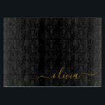 Tabla De Cortar Black Gold Modern Script Girly Monograma Nombre<br><div class="desc">Tablero de corte de nombres de monograma de escritura simple negro y dorado. Esto hace que la graduación perfecta, el cumpleaños, el boda, la ducha de novia, el aniversario, la ducha de bebé o la fiesta de soltera sea un regalo para alguien que ama el lujo glam y los estilos...</div>