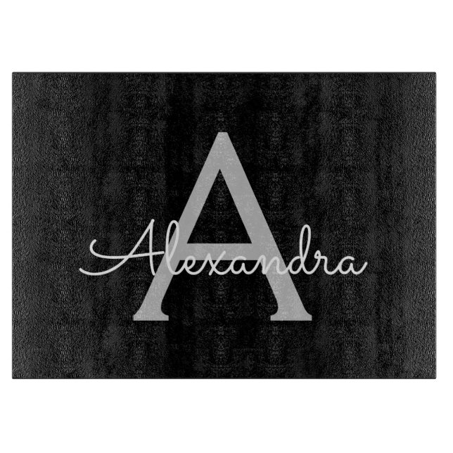 Tabla De Cortar Black Silver Modern Script Girly Monograma Nombre (Anverso)