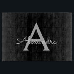 Tabla De Cortar Black Silver Modern Script Girly Monograma Nombre<br><div class="desc">Placa de corte de nombres de monograma de escritura simple en negro y plateado. Esto hace que la graduación perfecta, el cumpleaños, el boda, la ducha de novia, el aniversario, la ducha de bebé o la fiesta de soltera sea un regalo para alguien que ama el lujo glam y los...</div>