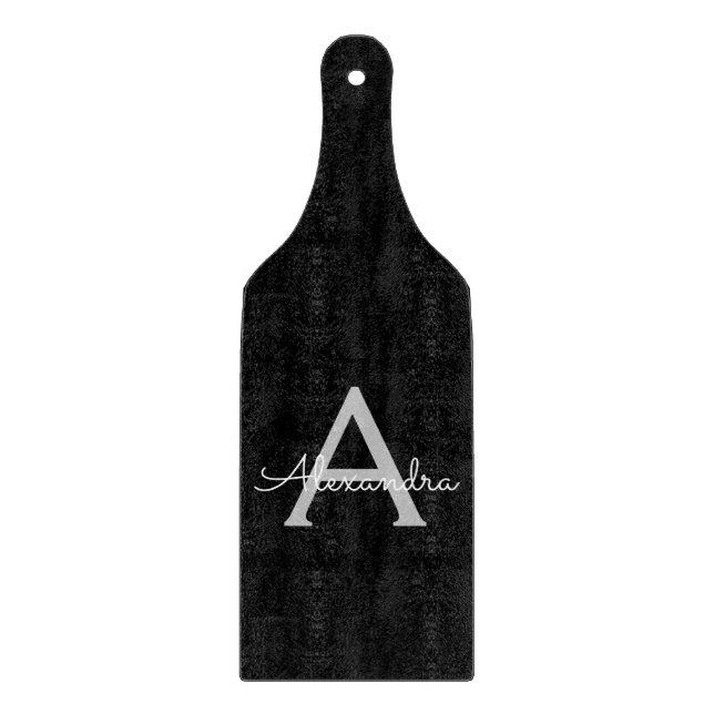 Tabla De Cortar Black Silver Modern Script Girly Monograma Nombre (Anverso)