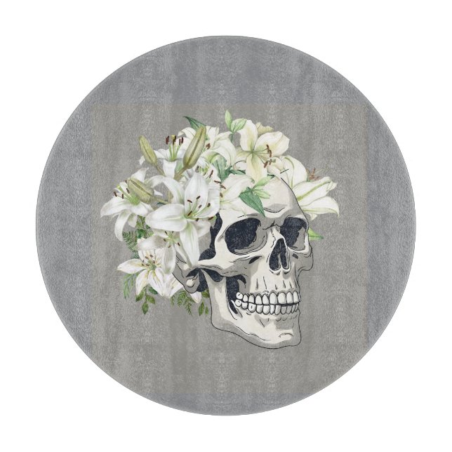 Tabla De Cortar Bloom silencioso: Calaveras y lirios blancos (Anverso)