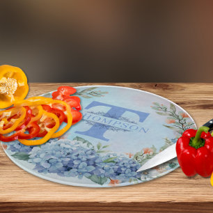 Tabla De Cortar Blue Hydrangea Monograma Tablero redondo