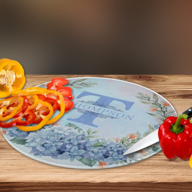 Tabla De Cortar Blue Hydrangea Monograma Tablero redondo (Subido por el creador)