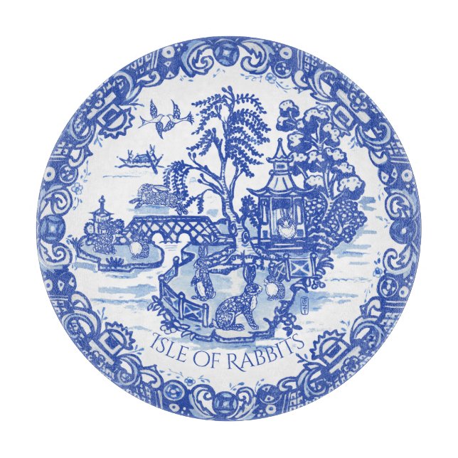 Tabla De Cortar Blue Willow Rabbit Island White Whimsical Toile (Anverso)