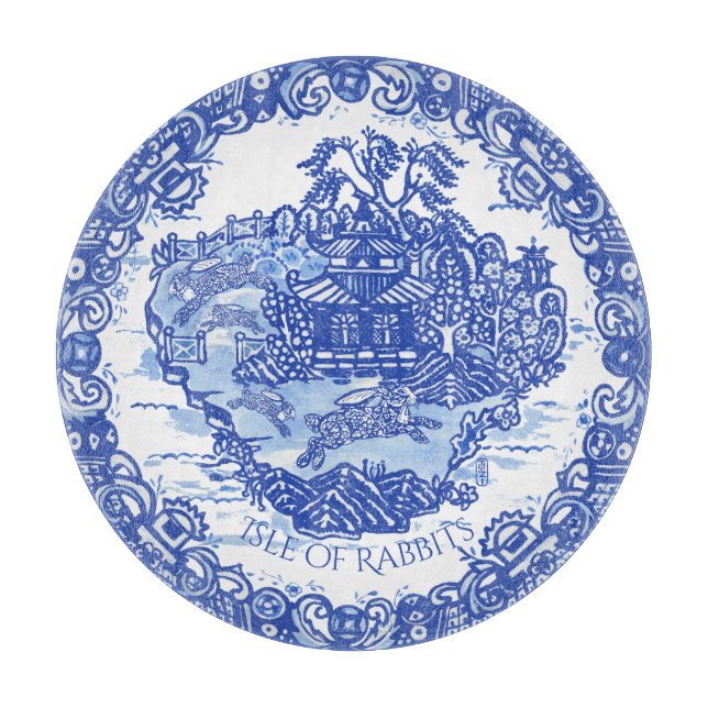 Tabla De Cortar Blue Willow Rabbit Island White Whimsical Toile Cu (Anverso)